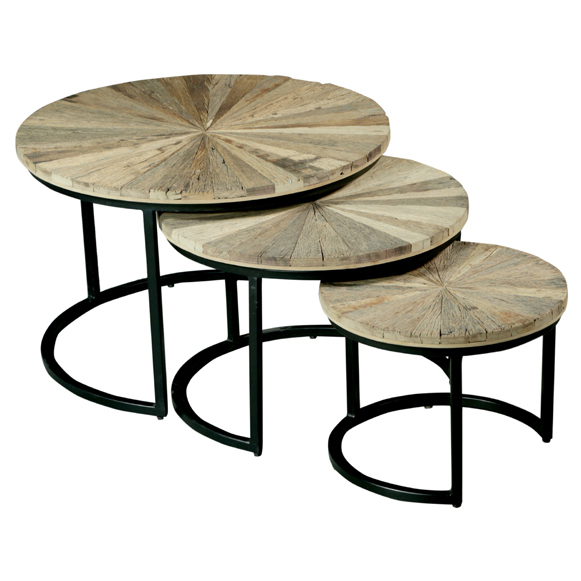 Set of 3 Round Timber And Metal Nesting Side Tables in Natural/Black