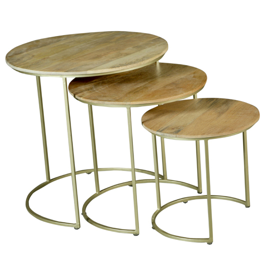 Set of 3 Round Timber And Metal Nesting Side Tables in Natural/Gold