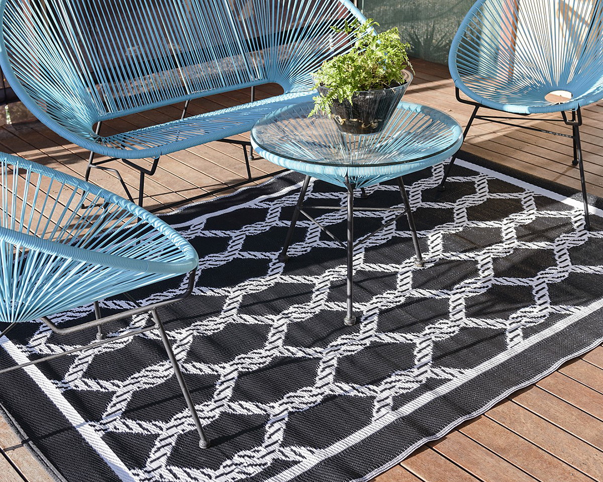 150x220cm Black/White Ropes Outdoor Alfresco polypropylene washable uv resistant rug - OUT150L